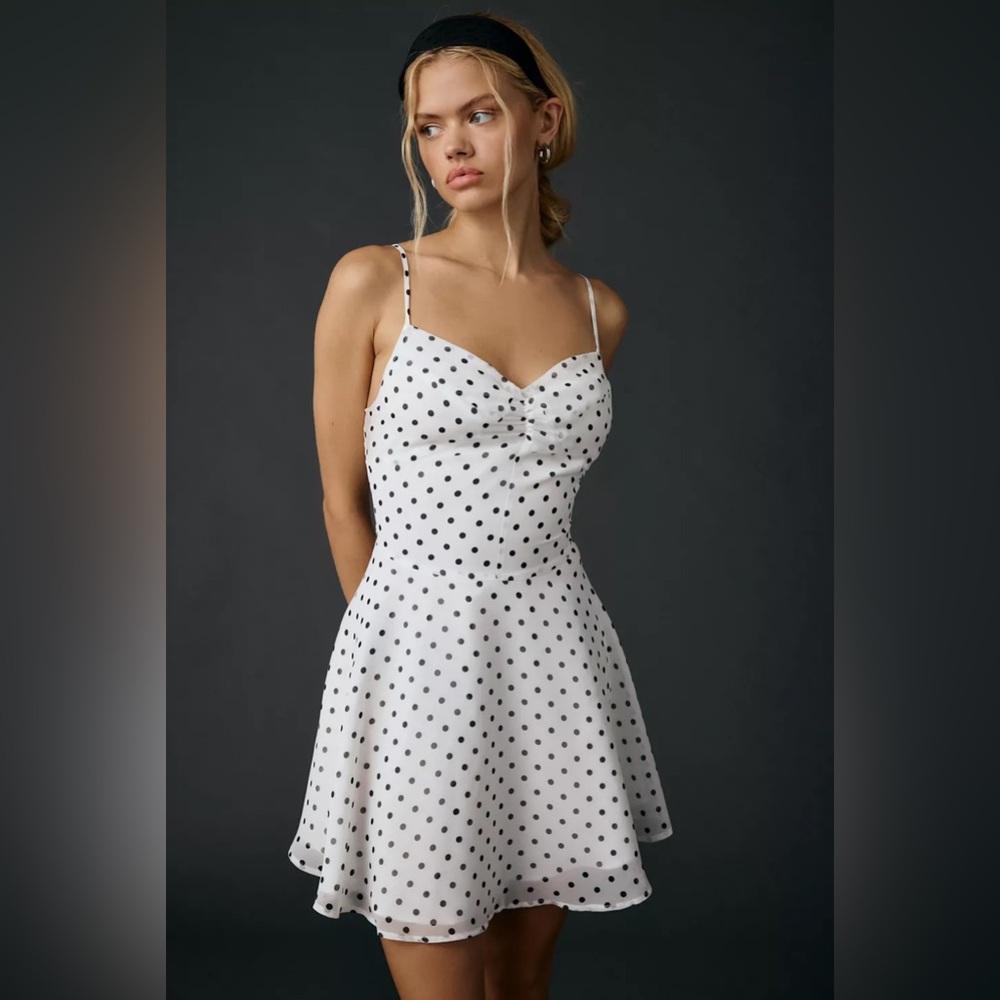 UO Urban Outfitters Over The Horizon Fit-And-Flare Chiffon Mini Dress- Polka Dot